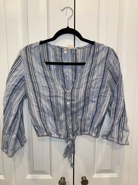 Japna Blue and White Striped Tie-Front Button-Down Top